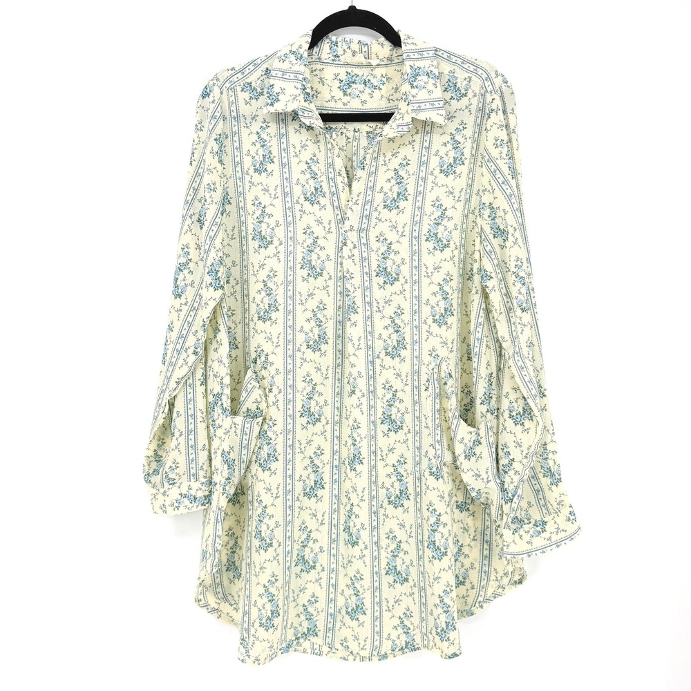 Entro Cottagecore Sheer Floral Stripe Blue Long Sleeve Tunic Top Large Whimsical